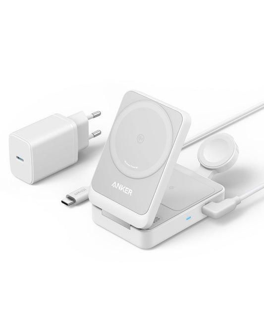 Anker MagGo 3-in-1 Charging Dock, 15W Wireless Charging Base, Qi2 Certification Compatible with MagSafe, Apple Watch MagSafe Charger, for iPhone 15/14 AirPods (40W USB-C Charger Included)