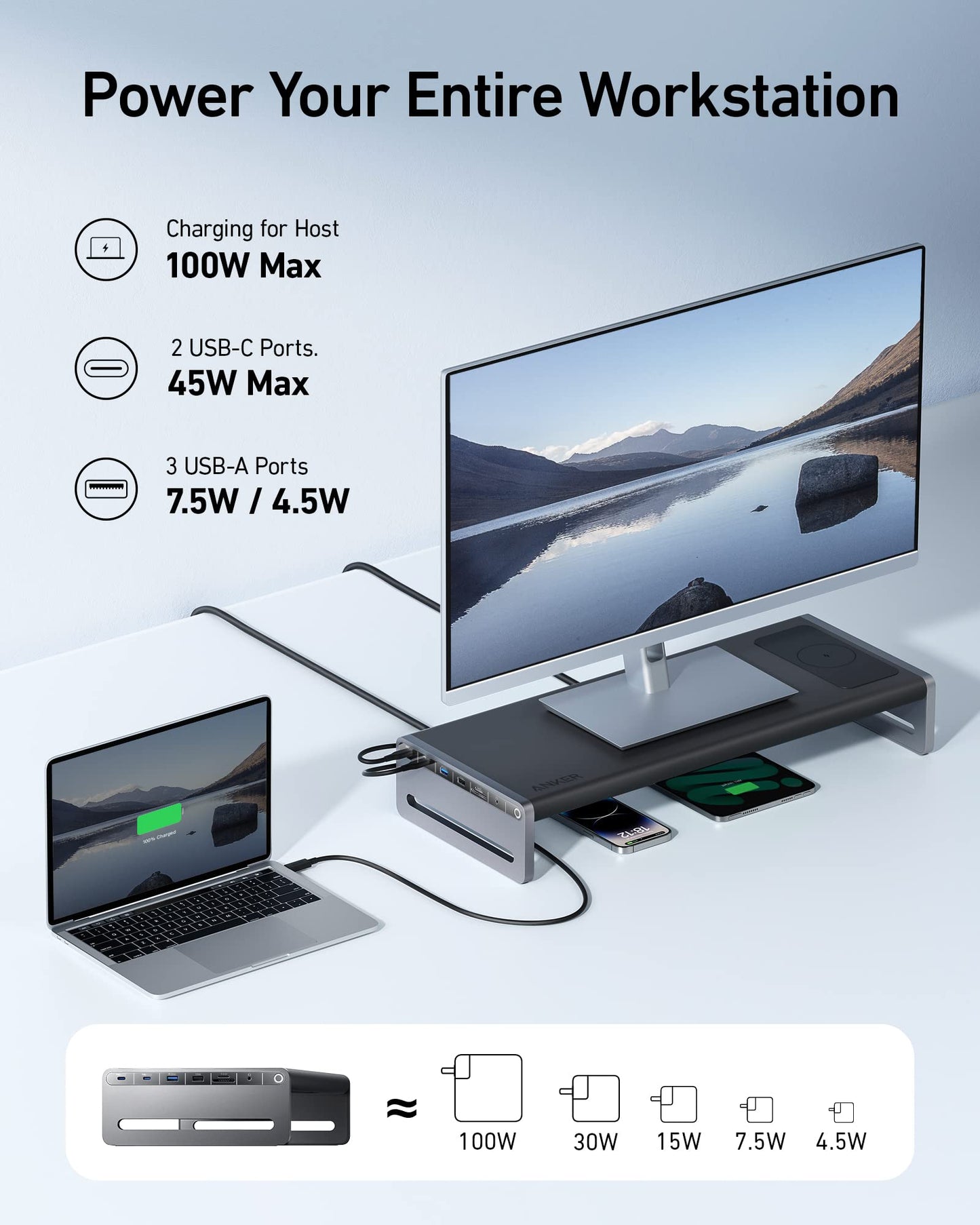 Anker 675 USB-C Docking Station (12-in-1, Monitor Stand) with 10Gbps USB-C Ports, 4K@60Hz HDMI Display, Wireless Charging Pad, for Lenovo ThinkPad, MacBook Pro M1 / M2 and More USB-C Devices