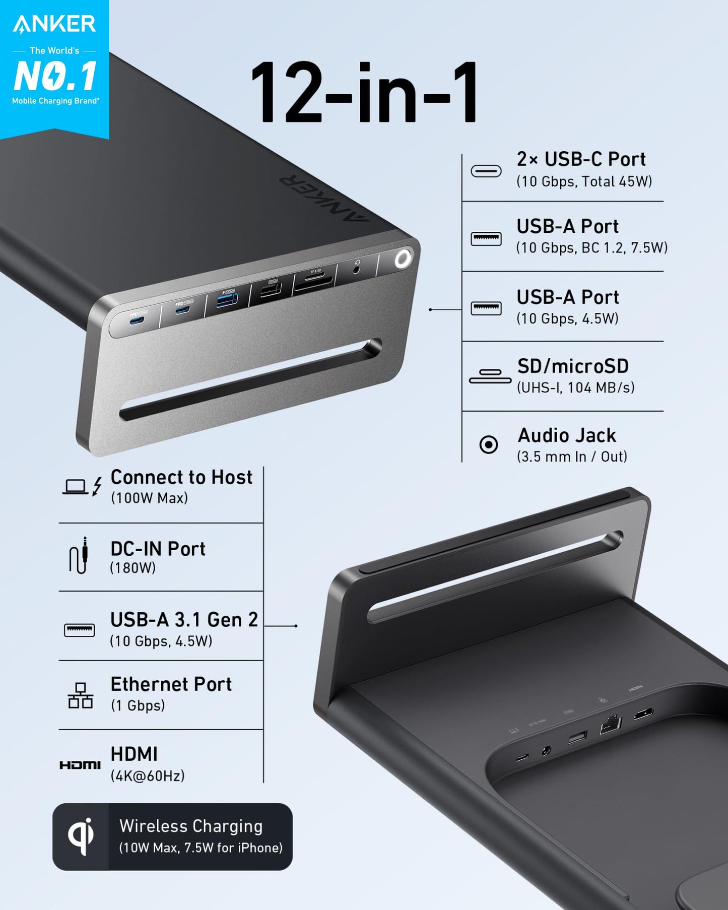 Anker 675 USB-C Docking Station (12-in-1, Monitor Stand) with 10Gbps USB-C Ports, 4K@60Hz HDMI Display, Wireless Charging Pad, for Lenovo ThinkPad, MacBook Pro M1 / M2 and More USB-C Devices